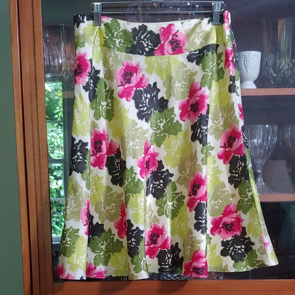 Ann Taylor Vibrant Floral A-Line Skirt - Pink, Green, Black, Silk